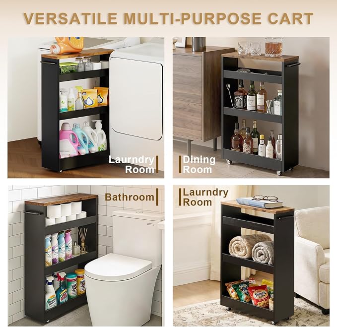 TEAMIX Wood 4-Tier Slim Rolling Storage Cart, 7.9"W, 24.8"D, 36.7"H, Black | Height Adjustable, 360°Swivel Wheels, Deeper & Taller, Use as Narrow Kitchen Cart, Laundry Organizer Between Washer & Dryer - Image 7