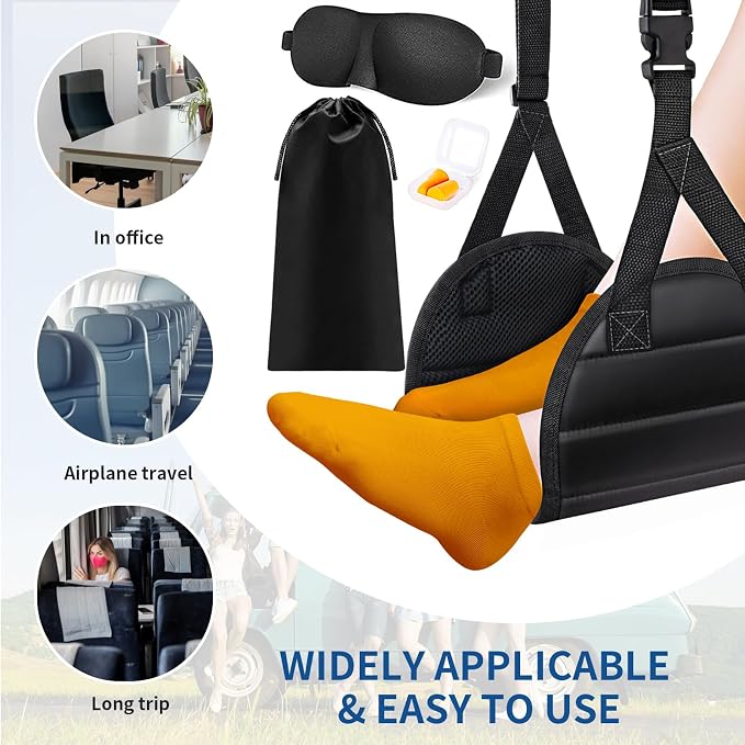 CushZone Foot Hammock Airplane Foot Rest for Train, Length Adjustable Travel Essentials with Eye Mask and Earplugs, Desk Foot Rest, Flight Essentials Airplane Foot Hammock (1 Set) - Image 7