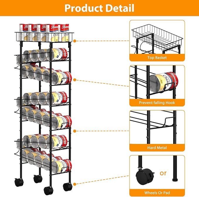Slim Can Organizer Cart, Iron Narrow Soda Dispenser Rack for Kitchen, Black | Black,Canned Food Organizer, On Wheels, Top Basekt, Automatic Rolling Storage, for Narrow Space. - Image 3