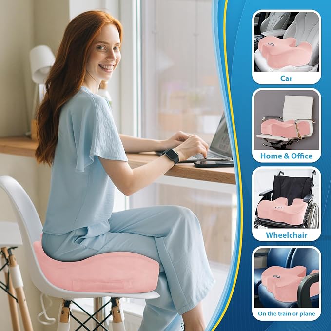 BlissTrends Thick Seat Cushion for Office Chair & Car Seat, XL, Pink | 5.2in Memory Foam with Removable Velvet Cover, Ergonomic Tailbone & Sciatica Support for Pressure Relief and Long Sitting - Image 7