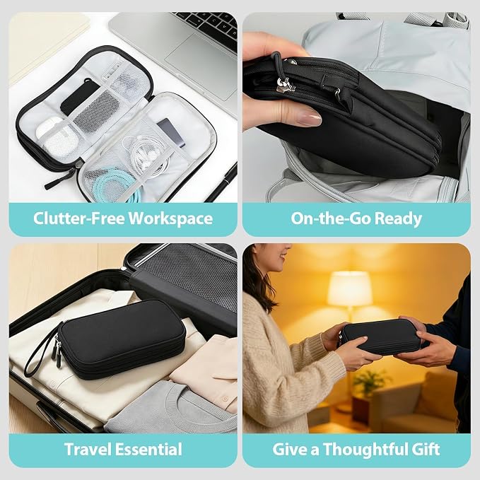 Double Layer Electronics Organizer, Travel Tech Pouch, Black | Water-resistant Oxford fabric with padded lining. 8 compartments organize 3ft+ cords and chargers. Includes 8 cable ties. - Image 6
