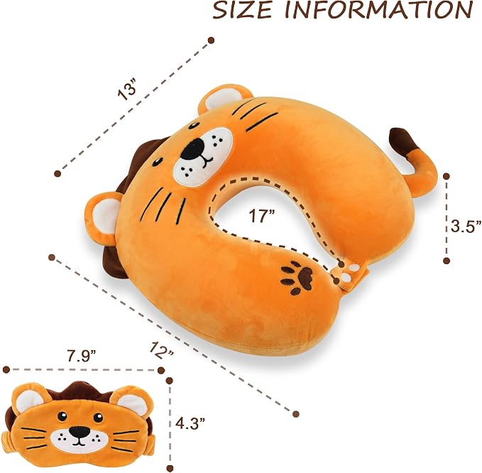 Sexysamba Cartoon Headrest & Neck Pillow for Kids Boys & Girls, Teens, Travel Accessories for Airplane, Car, Recline, Memory Foam Cute Travel Pillow with Sleep Eye Mask - Lion - Image 2