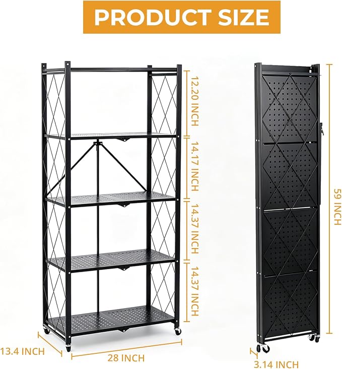 COKIHOM 5 Tier Foldable Storage Shelf with Wheels, Heavy Duty Metal Rolling Shelf Rack, No Assembly Wire Shelving Unit for Kitchen, Books, Living Room, Pantry, Garage, Office, Bedroom, Black - Image 2