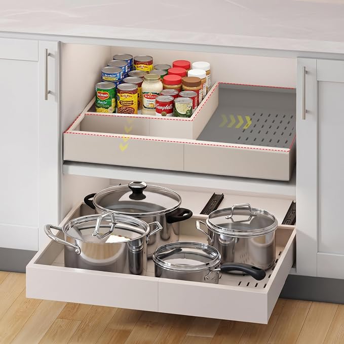 Fokyfok Pull out Cabinet Organizer,Expandable,No Drill,Heavy Duty,Kitchen | 14"-21"Wx17"-24"D,3 Rails,Pull out Drawers,Cabinet Drawers Slide out,Roll out Shelves,Pantry,Bathroom,Adhesive,Adjustable,1PC by Fokyfok