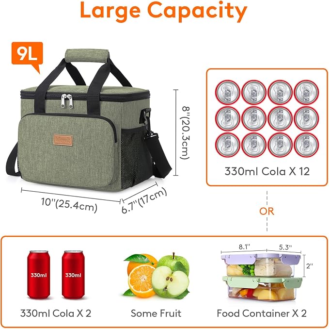 Lifewit Medium Lunch Bag, Insulated Lunch Box, Soft Cooler Cooling Tote for Adult Men Women, Dark Green 12-Can (9L) - Image 3