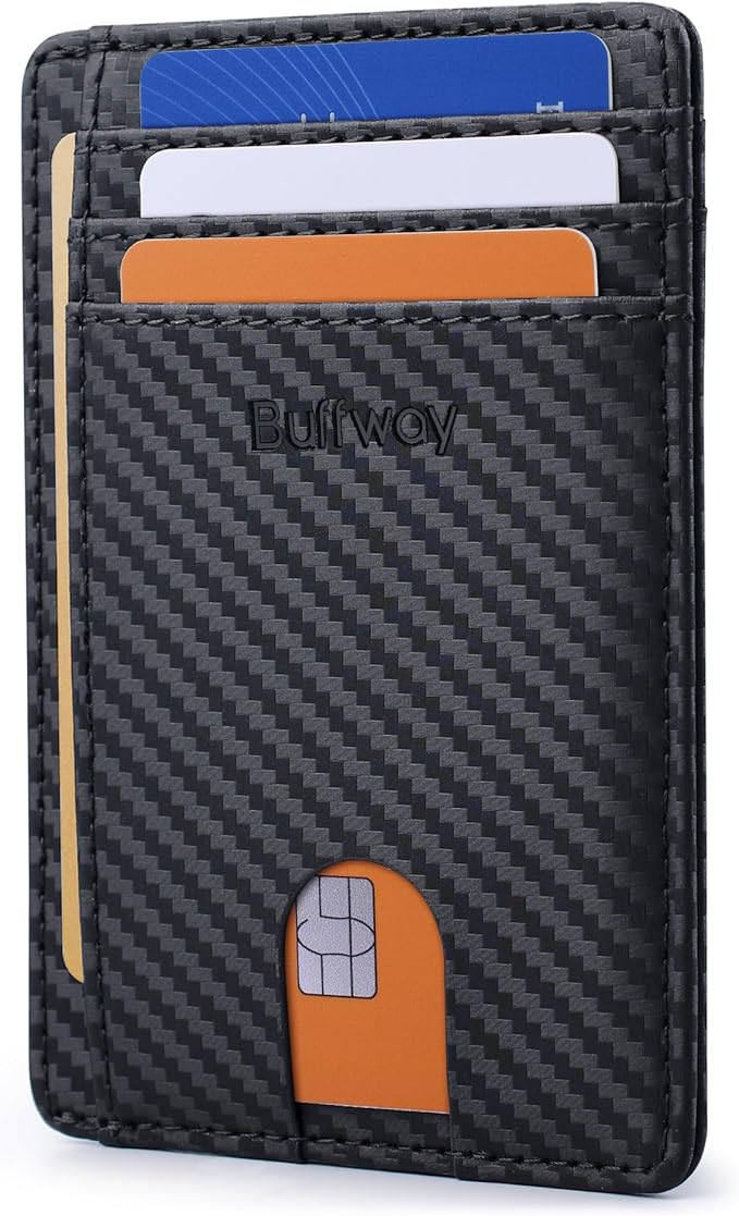 Buffway Slim Minimalist Front Pocket RFID Blocking Leather Wallets for Men and Women - Carbon Fiber Black by Buffway