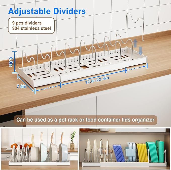 Mustorn 2 Pack Pots and Pans Organizer Under Cabinet, 22" Expandable Food Storage Container Lid Organizers with 9 Adjustable Dividers Pot and Pan Lid Holders Rack Inside Cabinet/Countertop(White) - Image 2