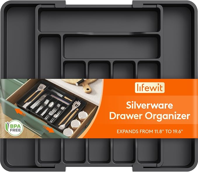 Lifewit Expandable Silverware Drawer Organizer, Kitchen Utensil Tray | BPA-free Plastic Flatware Cutlery Holder, Space-Saving Storage for Spoons Forks Knives, 11.8-19.6 x 15“, Black by Lifewit