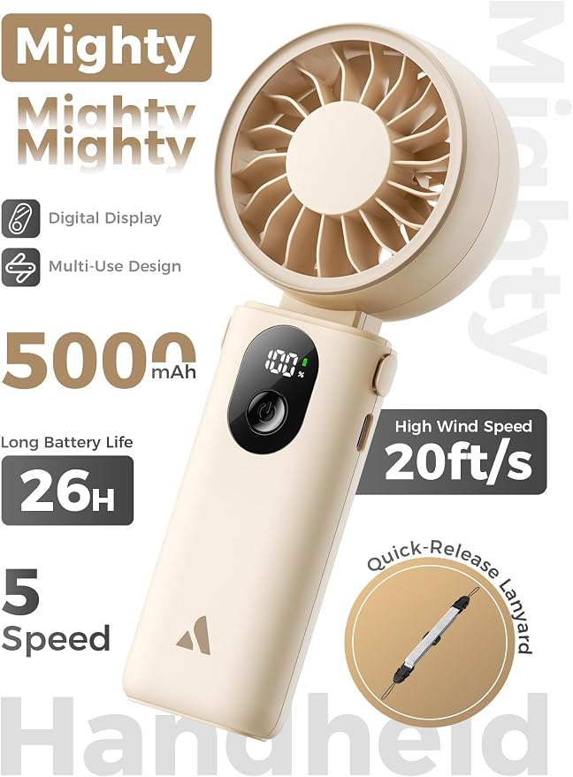 Aecooly Mighty Portable Handheld Fan | 26H Max Cooling | 3 Flexible Modes | 5 Speeds Wind | Battery Level Display | USB Rechargeable Mini Personal Battery Powered, Gifts for Women, Travel -Beige - Image 2