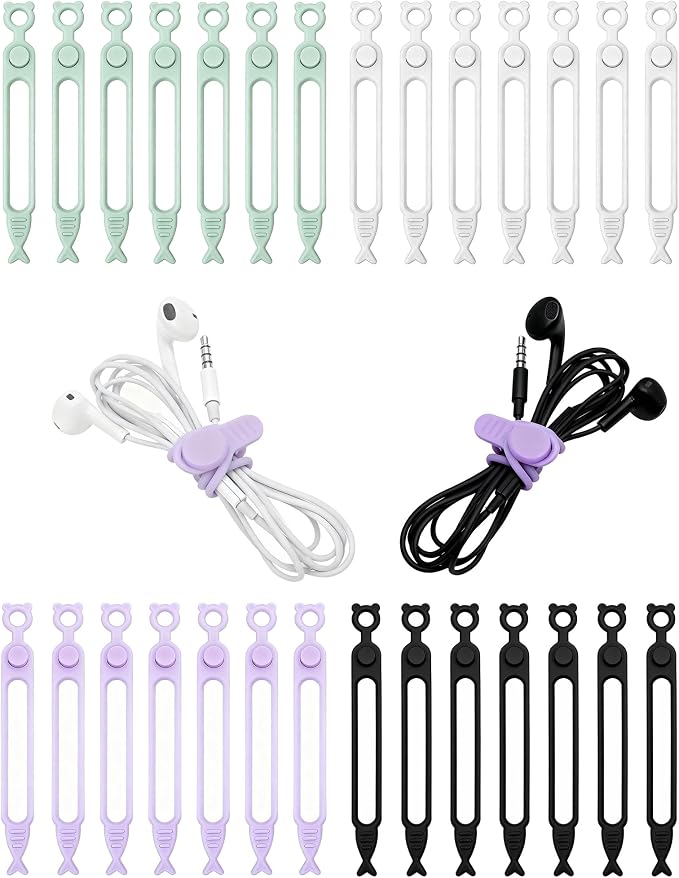 28 Pcs Silicone Cable Ties Reusable, Cable Cord Organizer Straps | 4 Color Cable Straps for Charging Wire, Computer Cords by Ortarco