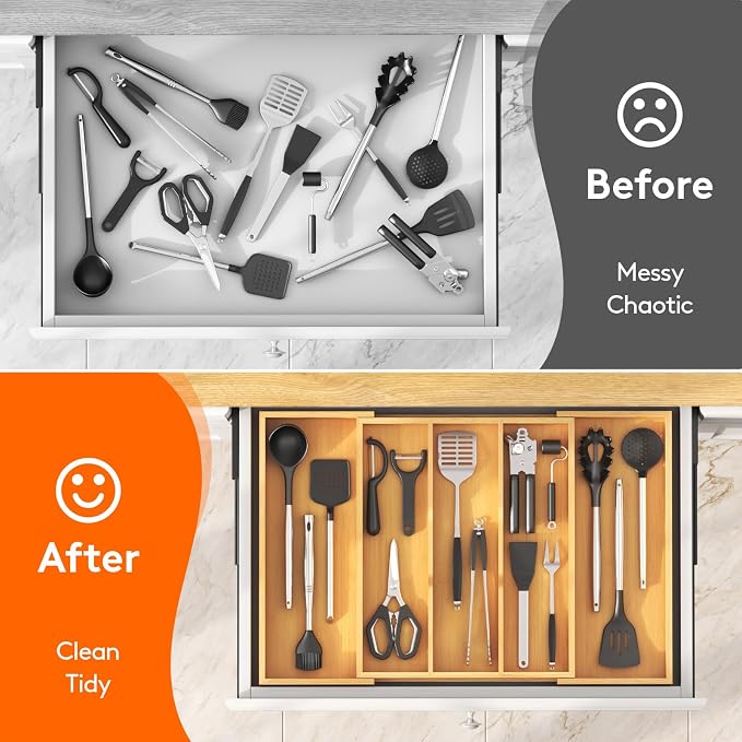 Lifewit Bamboo Utensil Organizer for Kitchen Drawer, Cooking Utensil Tray | Expandable Cutlery Silverware Flatware Holder, Wood Adjustable Spatula Tools Storage Divider, 15.6-28 x 18.5", Natural - Image 9