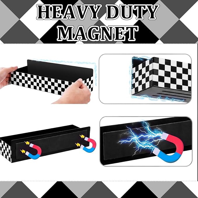 Beeveer 2 Pcs Magnetic Spice Rack for Refrigerator, Checkered | Black and White, Farmhouse Retro Kitchen Decor Accessories, 2 Sizes Metal Storage Shelf for Fridge Spices, No Drilling. - Image 3