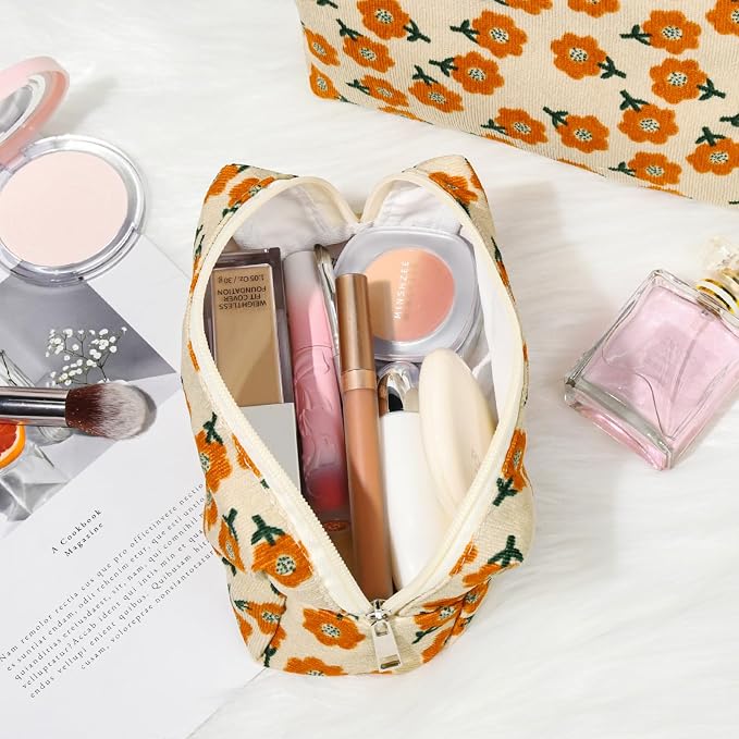 SOIDRAM 2 Pieces Flower Makeup Bag Large Corduroy Cosmetic Bag Capacity Canvas Mix Travel Toiletry Bag Organizer Cute Makeup Brushes Aesthetic Accessories Storage Bag for Women, Flower Mix Orange - Image 6