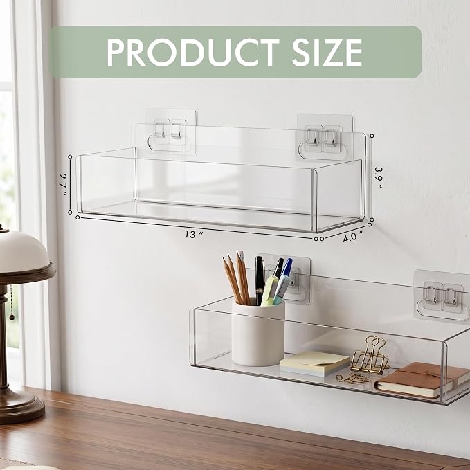 Acrylic Adhesive Cabinet Door Organizers 2Pack 13"x4" Clear Shelf Wall Bins | No-Drill Wall Organizers, Clear Visible Storage, Caddy Bins for Shower Bathroom Kitchen Under Sink RV Camper Organization - Image 2