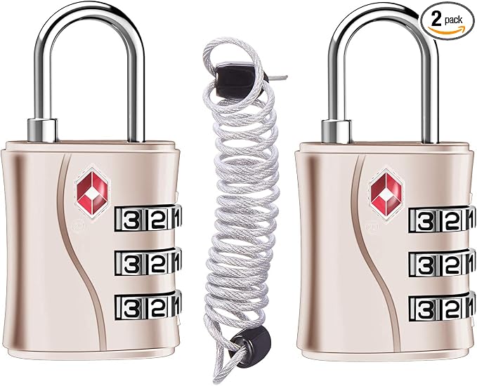 ZHEGE TSA Locks for Luggage, 3 Dial Zipper Travel Lock (Rose Gold, 2 Pack) | Cable (30 in), for Suitcase, Backpack, Baggage by ZHEGE