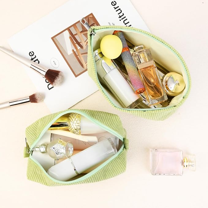SOIDRAM 2 Pcs Corduroy Makeup Bag Large Cosmetic Bag Toiletry Bag Makeup Pouch Travel Bag Organizer Cute Makeup Brushes Aesthetic Accessories Storage Bag for Women Light Green - Image 4
