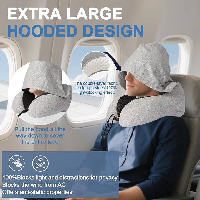Travel Neck Pillow with 100% Light-Blocking Hood – Ergonomic Memory Foam Support Pillow for Airplane, Long Flights, Road Trips, Office and Car, Full Head and Neck Support with Skin-Friendly Cover - Image 2