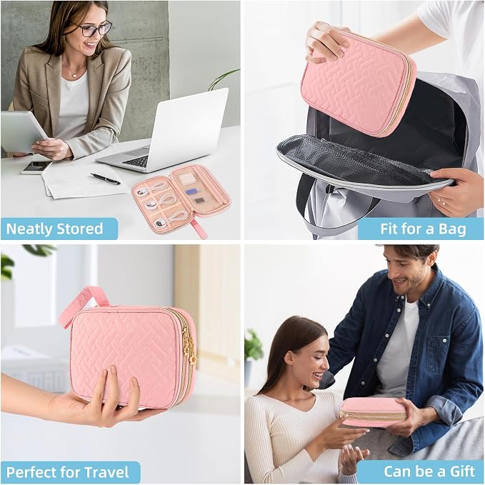 Electronics Organizer Travel Case, Charger Bag Cord Organizer Travel, Compact Tech Pouch Cable Organizer Bag for Charger, Cords, Phone, Headphones, Flash Drive, SD Card (Pink, Small-Double Layer) - Image 6