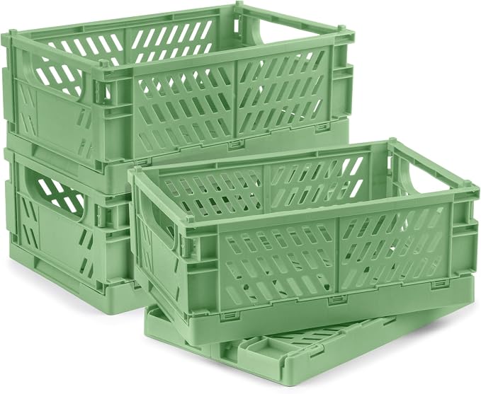 4 Pcs Collapsible Storage Crates, 10x5.9x4 inches Space-Saving Folding Containers, Stackable Plastic Boxes for Home Kitchen Office Bedroom Bathroom, Green by Unknown