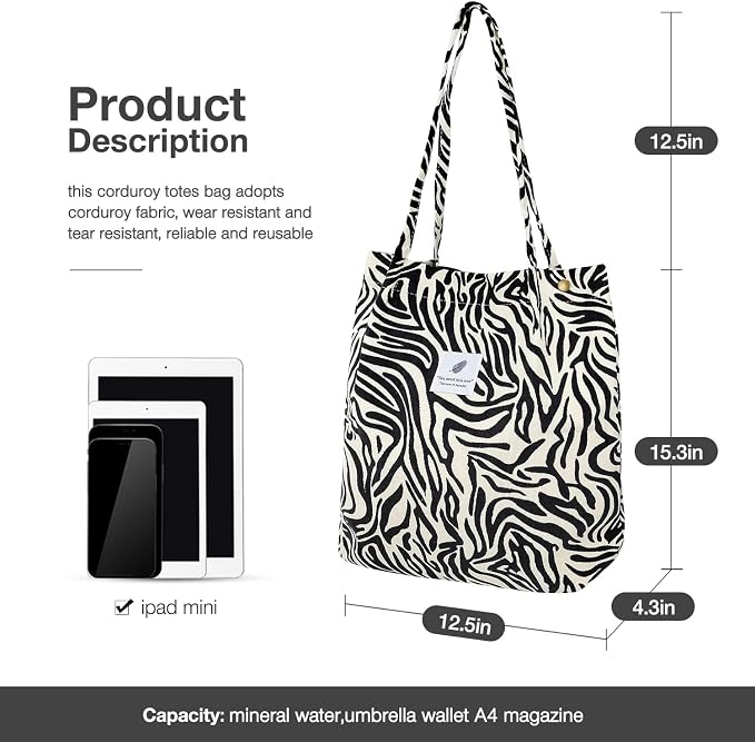 LHMTQVK Corduroy Tote Bags for Women, Large Capacity Tote Purse Reusable Grocery Shoulder Bag with Inner Pockets - Image 3