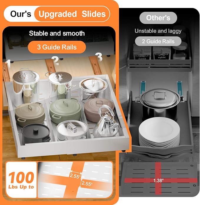 Pull out Cabinet Organizer Expandable W(12"-20") and D(16"-22"), No Drill Adjustable Slide Out Drawers With 3 Slide Rails, 2Pcs Magnetic Panel, Adhesive Roll out Shelves for Kitchen, Cabinets, Pantry - Image 3