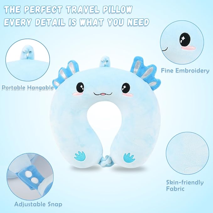 Travel Pillow, Kids Travel Pillow with Sleep Eye Mask Soft Memory Foam Kids Neck Pillow for Boys & Girls, Travel Accessories for Car Airplane Traveling - Blue Axolotl - Image 5
