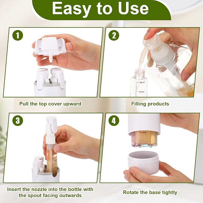4 in 1 Travel Dispenser with 4 Pack 30ml Travel Bottles and Label Refillable & Leak Proof Portable Toiletry Containers with Locks for Shampoo Lotion Conditioner Cream (White) - Image 5