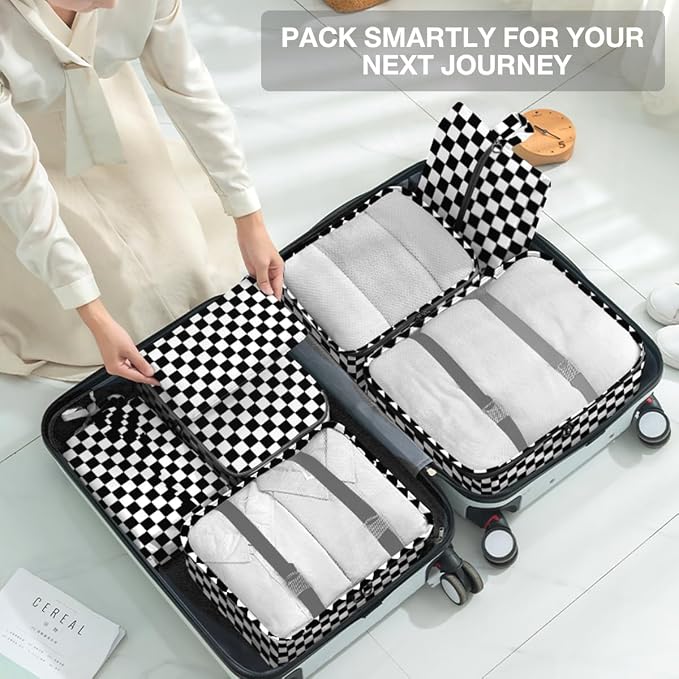 8 Set Packing Cubes for Suitcases,Packing Cube with Shoe, Cosmetics, Clothing, and Accessories Bags Packing Cubes for Travel Luggage Organizer Women Men(Black White Checkered) - Image 7