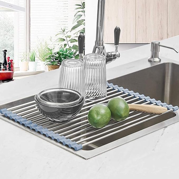 Seropy Roll Up Dish Drying Rack, Over the Sink Dish Drying Rack Kitchen Rolling Dish Drainer, Foldable Sink Rack Mat Stainless Steel Wire Dish Drying Rack for Kitchen Sink Counter Storage 17.5x11.8 - Image 2
