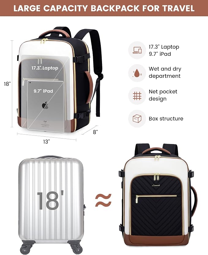LOVEVOOK Large Travel Backpack for Women, TSA Carry on Backpack for Airplanes, 40L Personal Item Travel Bag for Women fits 17" Laptop,Waterproof Carry on Bag Airplane Approved with 3 Packing Cubes - Image 5