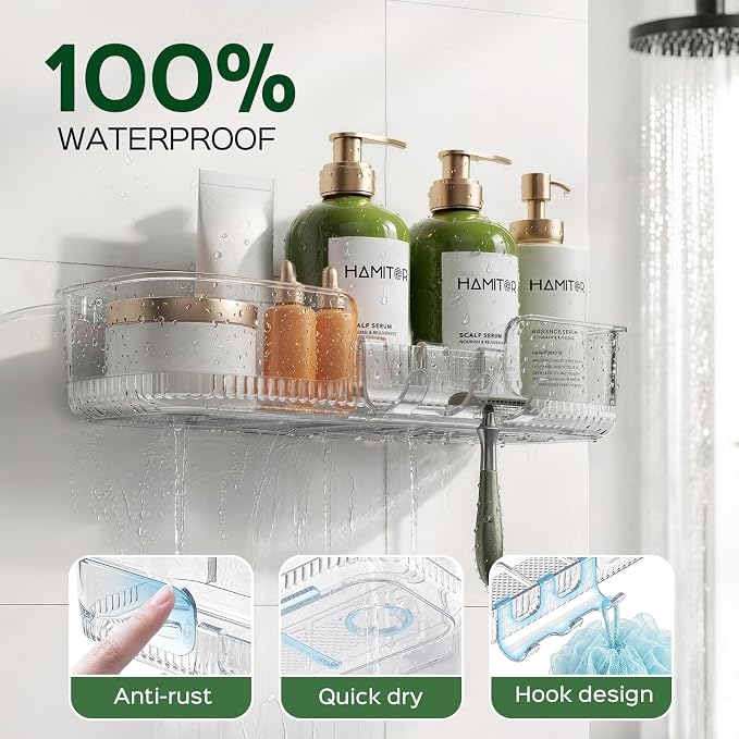 HAMITOR 5 Pack Adhesive Shower Caddy, Clear Transparent Shower Organizer | Modern Clear Design, Waterproof Adhesive Setup, Quick Drainage Shelves, Perfect for Homeowner, Apartments & Stylish Bathrooms - Image 3