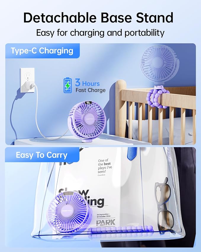 SWEETFULL Portable Stroller Fan with LED Display, 4 Speed Rechargeable Mini Clip On Fan, Built-in Non-Removable Rechargeable Battery,Sealed housing - Image 6