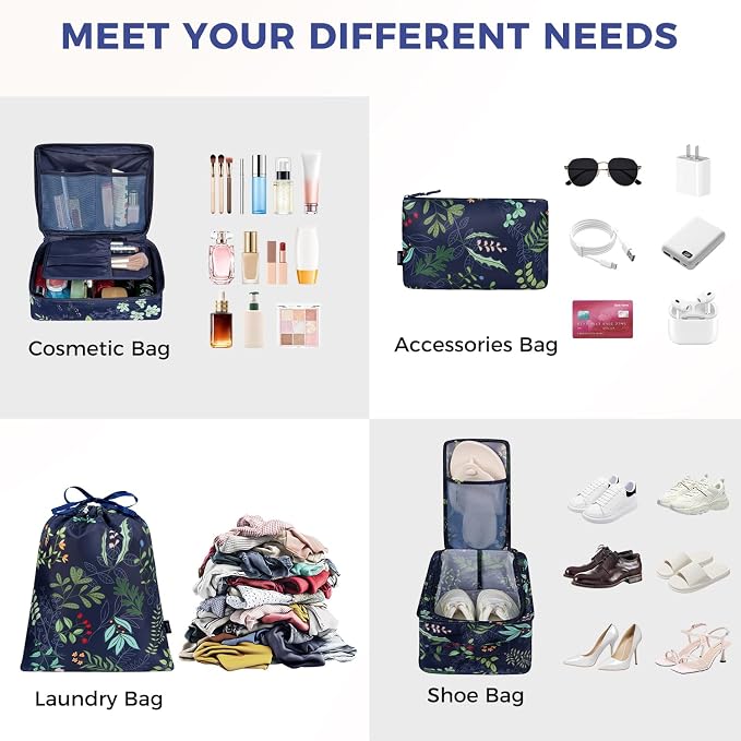 BAGAIL 8 Set Packing Cubes Luggage Packing Organizers for Travel Accessories-Navy Leaf - Image 4