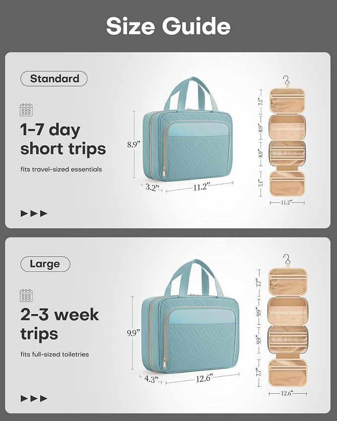 HOTOR Hanging Travel Toiletry Bag Women Men, Light Blue, Medium | Waterproof Makeup Bag Hanging Hook,Multiple Pockets,Travel Essentials,11.2 x 3.2 x 8.9inches - Image 2