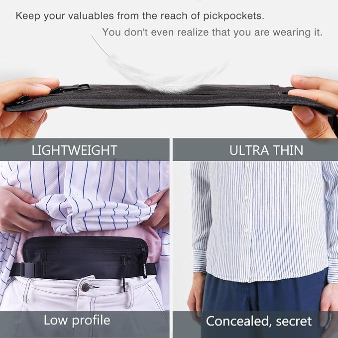 Money Belt for Travel, Slim RFID Blocking Women and Men hidden Travel Pouch Under Clothes, Passport Holder Protect Cash, Documents, Credit Card, Black, Bonus 2 RFID Sleeves - Image 3