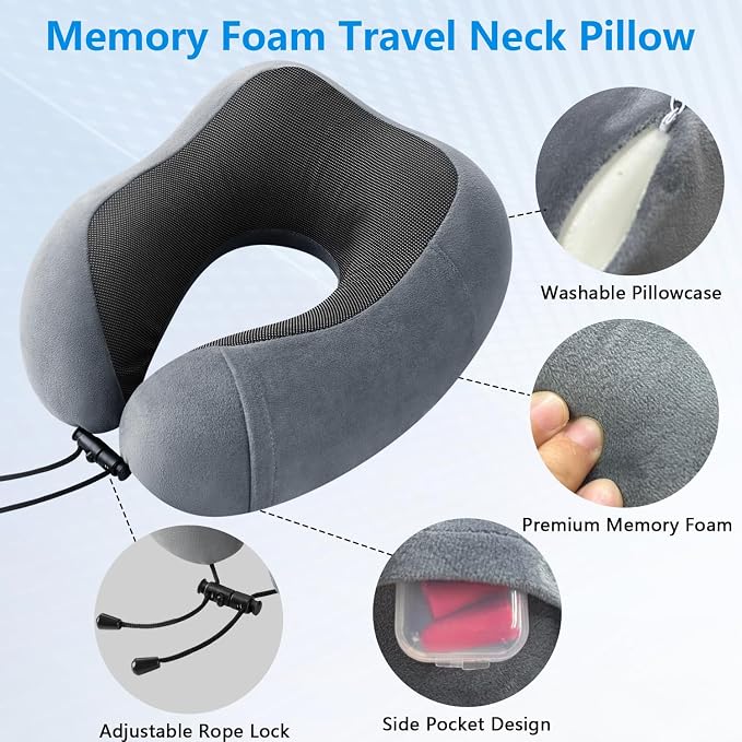 Airplane Pillow, Travel Neck Pillow with Memory Foam - Adjustable Buckle & Machine Washable Cover for Neck Support, Includes Eye Mask & Ear Plugs (Grey) - Image 6