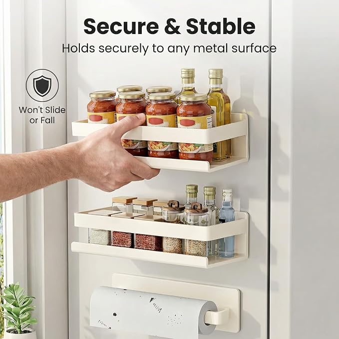 Metal 4 Pack Magnetic Shelf Include Magnetic Spice Rack for Refrigerator,Magnetic Paper Towel Holder,Magnetic Hooks for refrigerator Space-saving design,Small Space Organization (white) - Image 4
