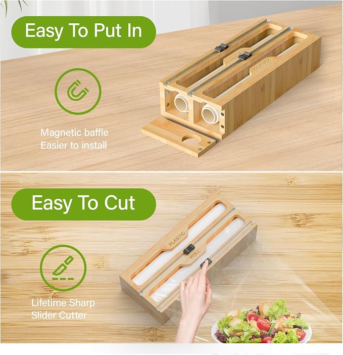 KOCWELL Bamboo Bag Storage Organizer - 2 Wrap Dispenser with Cutter & 4 Slots Food Storage Bags Container - Kitchen Drawer Plastic Bags Storage Organization for Gallon Quart Sandwich Snack Bags - Image 6