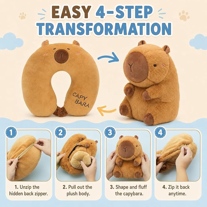 Capybara Travel Pillow for Kids & Adults Car Neck Pillow Memory Cotton U-Shaped Neck Pillow Soft Head Support Travel Accessories for Airplane Car Train Bus Airplane Pillow - Image 4