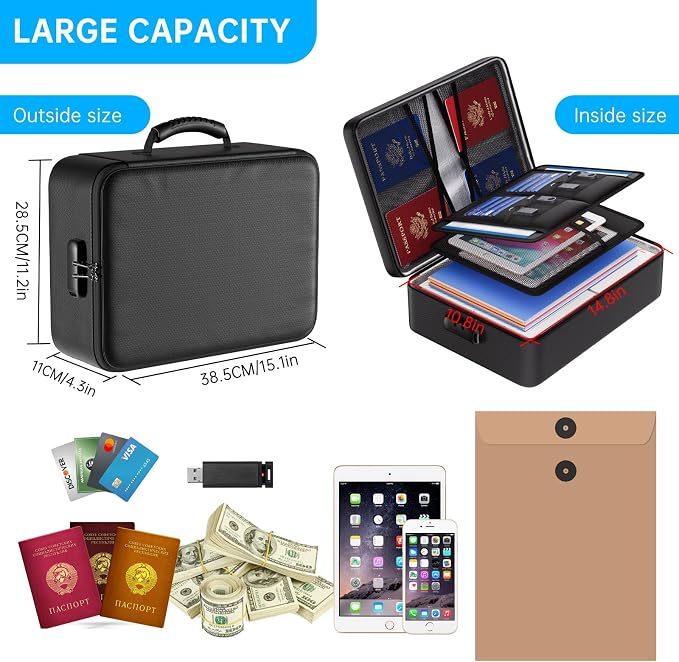 ENGPOW 5200°F Fireproof Document Bag with Lock,8 Layers Heat Insulated | Upgraded File Organizer Fireproof Box,Portable Home Travel Safe Storage for Important Documents,Passport,Laptop, Black(Soft) - Image 8