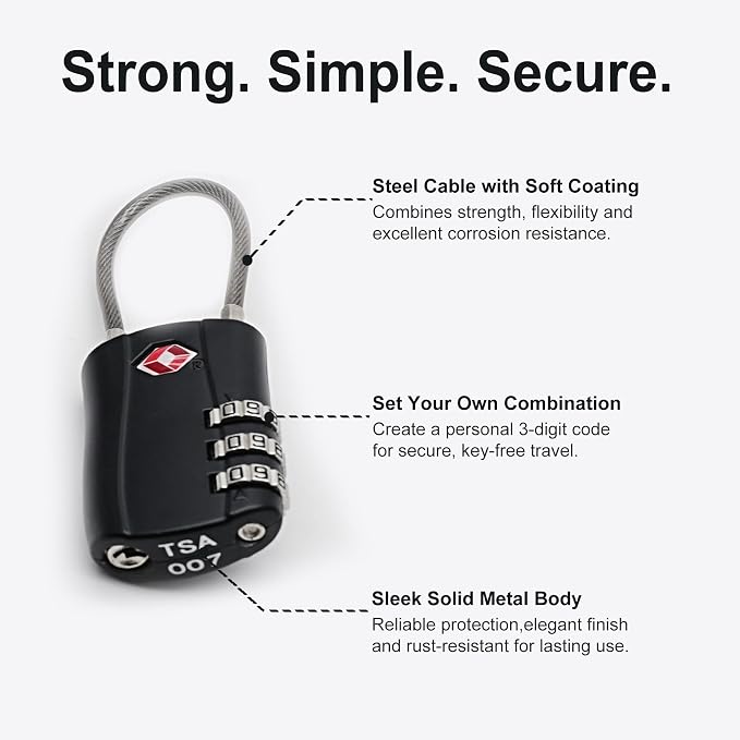 TSA Locks for Luggage, Small Padlock Combination with Cable, Luggage Locks TSA Approved, Combo Padlock with Code, for Travel Suitcase, Gym Locker, Gun Case, Backpack Zipper (Black+Black) - Image 4
