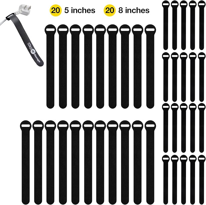 Self-Gripping Cable Ties by Wrap-It Storage - Assorted 40-Pack Black | Reusable Hook and Loop Cord Organizer Cable Ties for Cord Management and Desk or Office Organization - Image 3