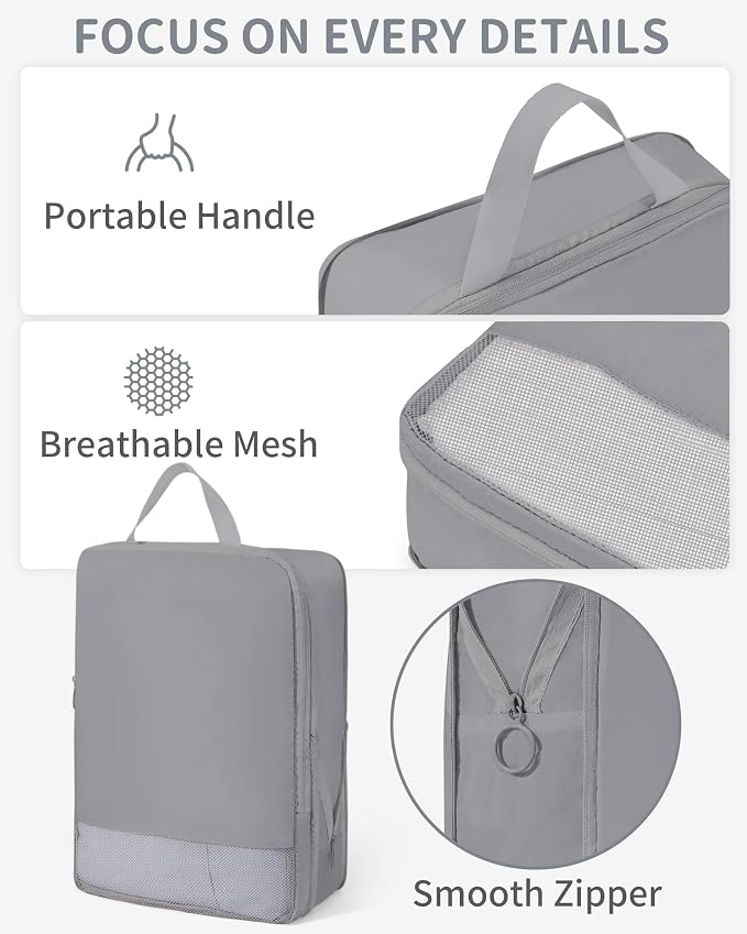 Compression Packing Cubes 11pc Set, Expandable Travel Organizers for Suitcases & Carry Ons, Durable Luggage Packing Bags for Travel Essentials Gray - Image 4