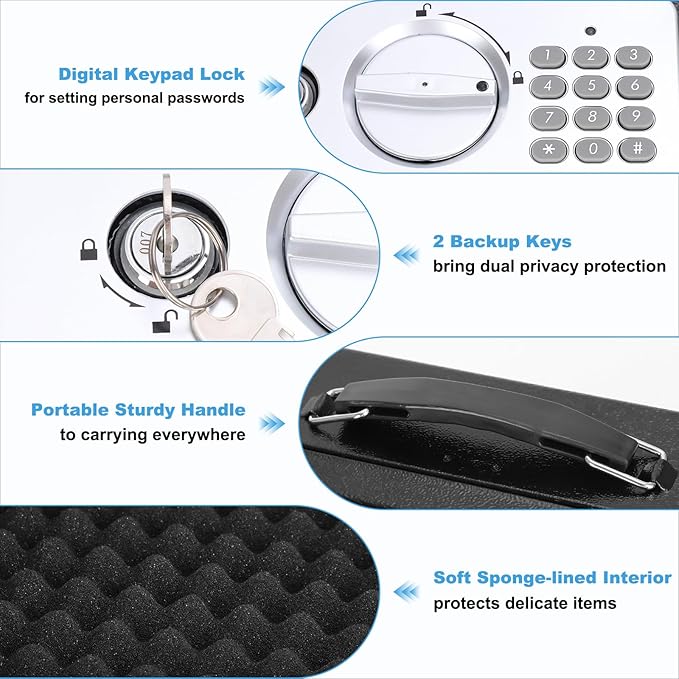 KYODOLED Safe Box with Digital Keypad Lock, Lock Box with Code for Personal Items, Metal Security Box for Cash, Passport, Jewelry, Ideal for Home, Office, Garage Sale, 11.8'' x 9.4'' x 3.5'', Black - Image 4
