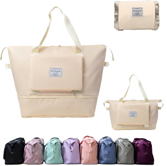 Large Capacity Foldable Travel Bag, Expandable lightweight Carry on Bag, Dry with Wet Separation Spor Duffel Bags (off white) by Unknown