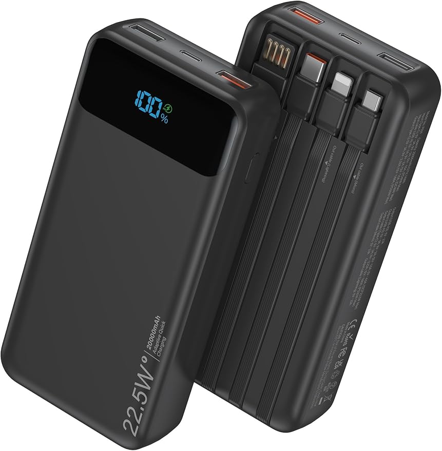 Nusyddy Portable Charger 20000mAh 22.5W w/4 Built-in Cables/6 Outputs Black | 22.5W Fast Charging, LED Display, Pass Through Charging, Charge 6 Devices at once, TSA Approved, Fits iPhone, iPad, Samsung by NUSYDDY