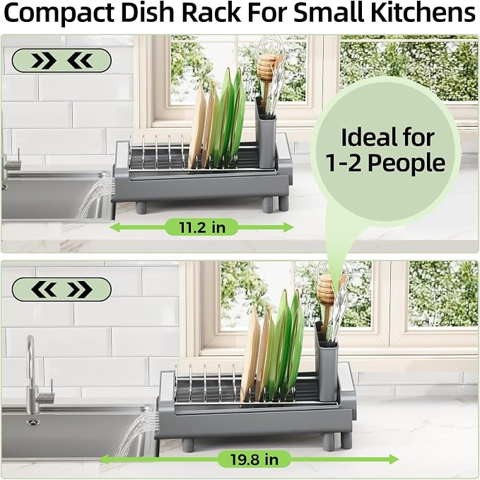 TOOLF Small Dish Drying Rack, Expandable and Space-Saving, Gray | Mini Dish racks for kitchen counter, Compact Design Fits Sink or Counter, Stainless Steel Plate Rack, 11"-19.3"L×7.7"W×3.54"H - Image 2