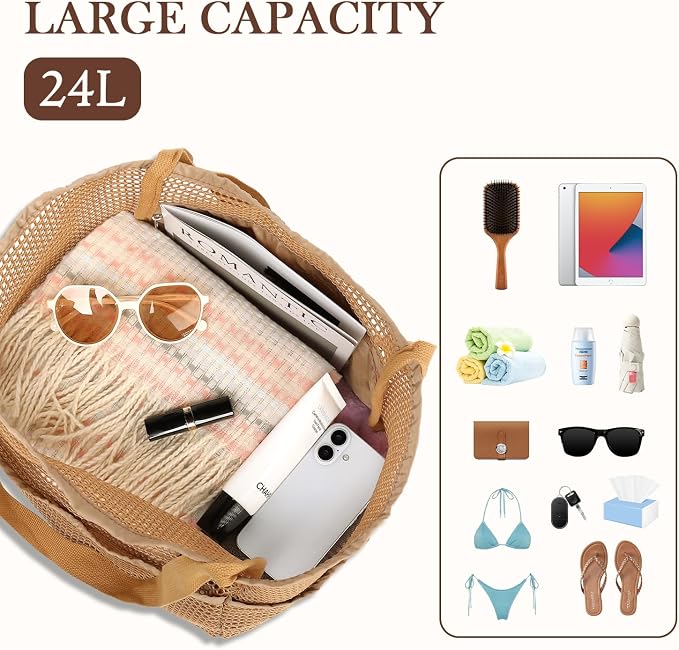Fammart Mesh Beach Bag for Women, Summer Straw Tote Hobo Pool Bags with Zipper Pocket, Travel Vacation Cruise Essentials 2026 - Image 5