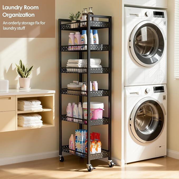 6 Tier Slim Storage Cart, Narrow Rolling Cart with Wheels, 10in(W) | Narrow Mobile Utility Shelf Unit Organizer for Kitchen, Bathroom, Laundry Room, Living Room, Small Places, Black - Image 7