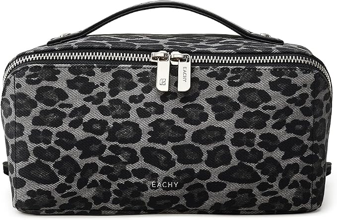 EACHY Travel Makeup Bag for Women, Flat Open Leopard Print Cosmetic Bag | Leopard-print PU leather cosmetic bag opens flat with dividers and clear TPU brush pocket for makeup and travel essentials by EACHY